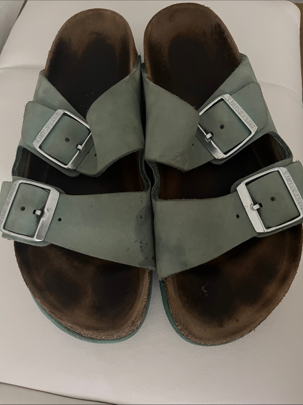 Birkenstock Women's Green Nubuck Two-Strap Sandals with Silver Buckles